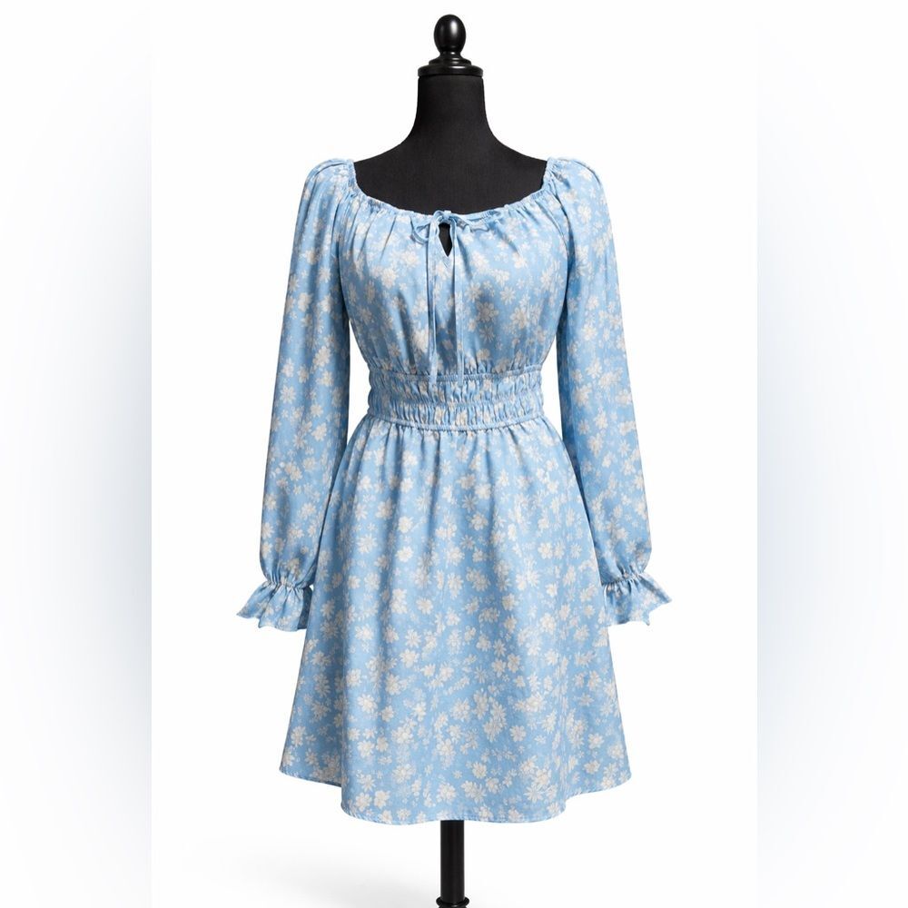 Blue Floral Smocked Mini Dress Long Sleeve Size L